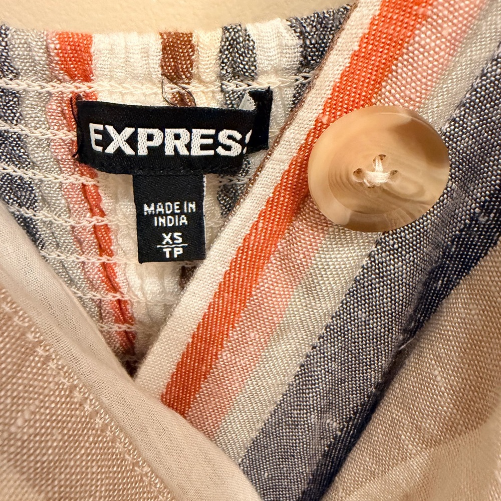 Express XS Linen Blend Striped Midi Dress in Blue, Coral, Cream and Tan - Picture 4 of 10